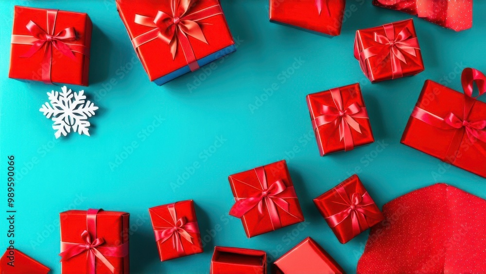 Banner with many gift boxes tied velvet ribbons and paper decorations on turquoise background. Christmas background Banner with many gift boxes tied velvet ribbons and paper decorations on turquoise background. Christmas background