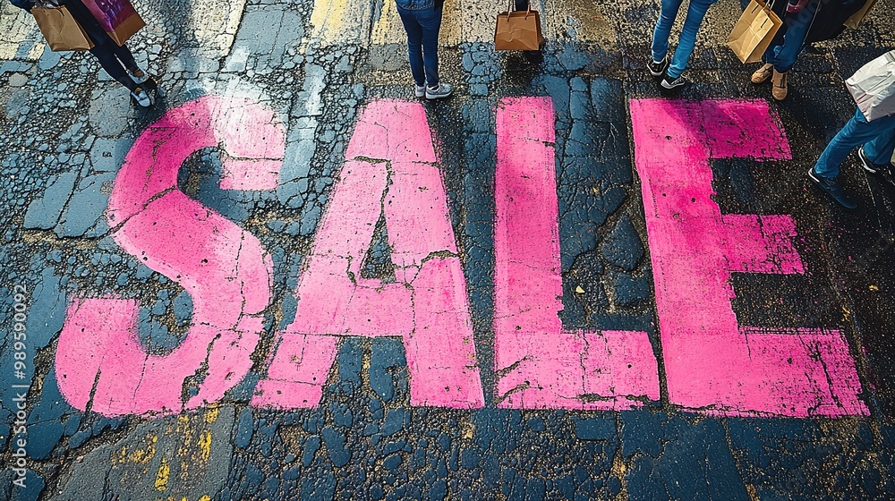 Obraz premium A close-up of a pink Sale inscription on the asphalt against a background of blurred people with colorful bags. The concept of discounts and sales