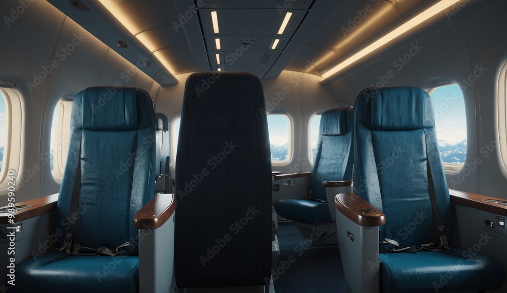 Luxurious airplane interior with comfortable blue seats Luxurious airplane interior with comfortable blue seats