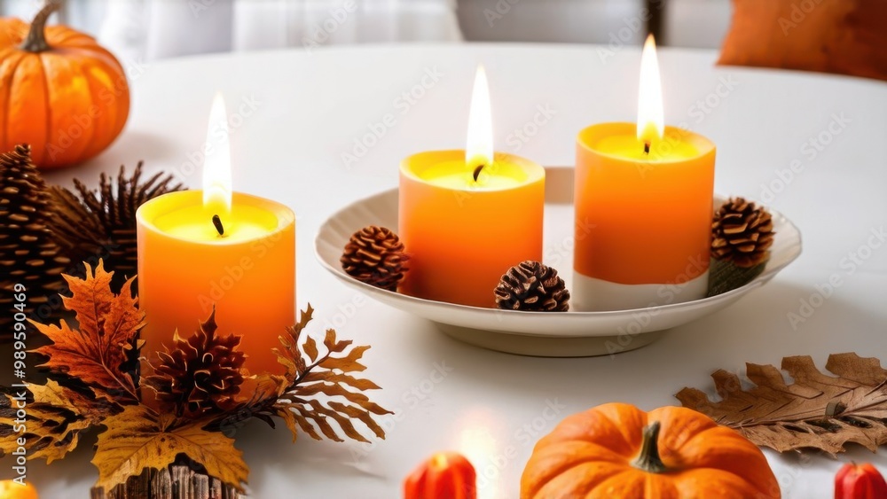 burning candles with autumn decor on white table at home burning candles with autumn decor on white table at home
