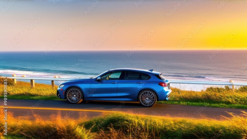 car driving on beautiful road in colorful sunset landscape in summer. Nature scenery on coastline highway. Europe travel trip in sea coast road landscape. summer vacation journey on road at the beach car driving on beautiful road in colorful sunset landscape in summer. Nature scenery on coastline highway. Europe travel trip in sea coast road landscape. summer vacation journey on road at the beach
