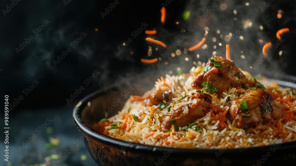 Indian chicken biryani, food photography of spicy chicken biryani, food flying, dark background. Indian chicken biryani, food photography of spicy chicken biryani, food flying, dark background.