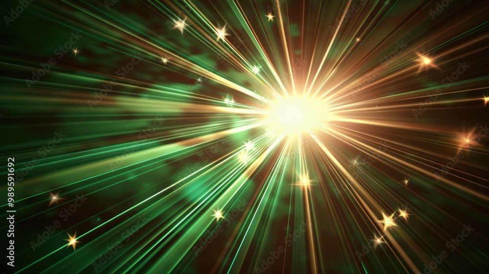 Obraz premium A glowing green star-shaped light beam radiates from the center of an abstract background