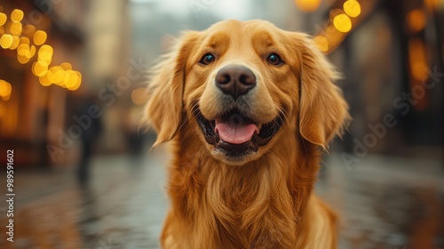 Golden retriever dog standing on a cobblestone street in an urban setting, smiling happily, symbolizing companionship, joy, and loyalty in a city environment