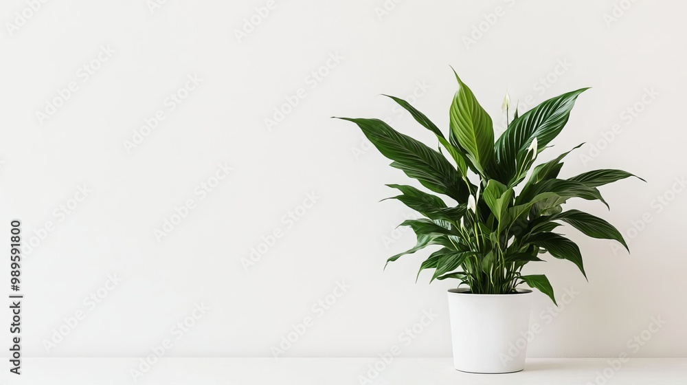 A potted Spathiphyllum plant stands solitary against a white backdrop. Its lush leaves fan out gracefully, creating a verdant oasis in the otherwise stark environment A potted Spathiphyllum plant stands solitary against a white backdrop. Its lush leaves fan out gracefully, creating a verdant oasis in the otherwise stark environment