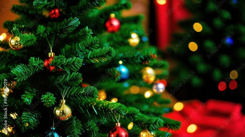 Defocused Christmas tree. Defocused Lights. Christmas tree background Defocused Christmas tree. Defocused Lights. Christmas tree background