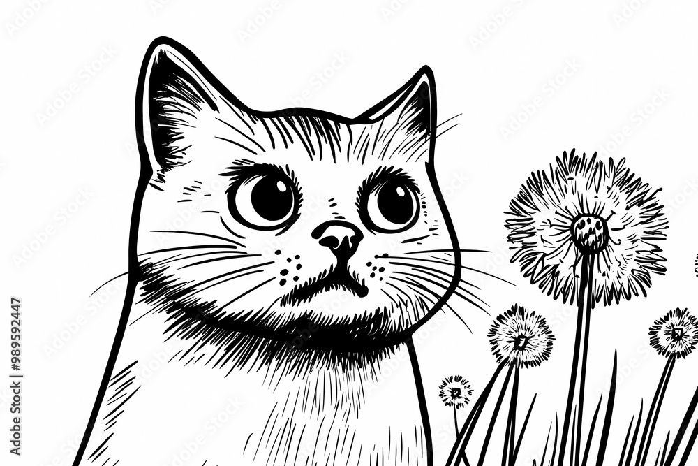 Obraz premium Adorable cat coloring page for children, perfect for creative stock illustrations.