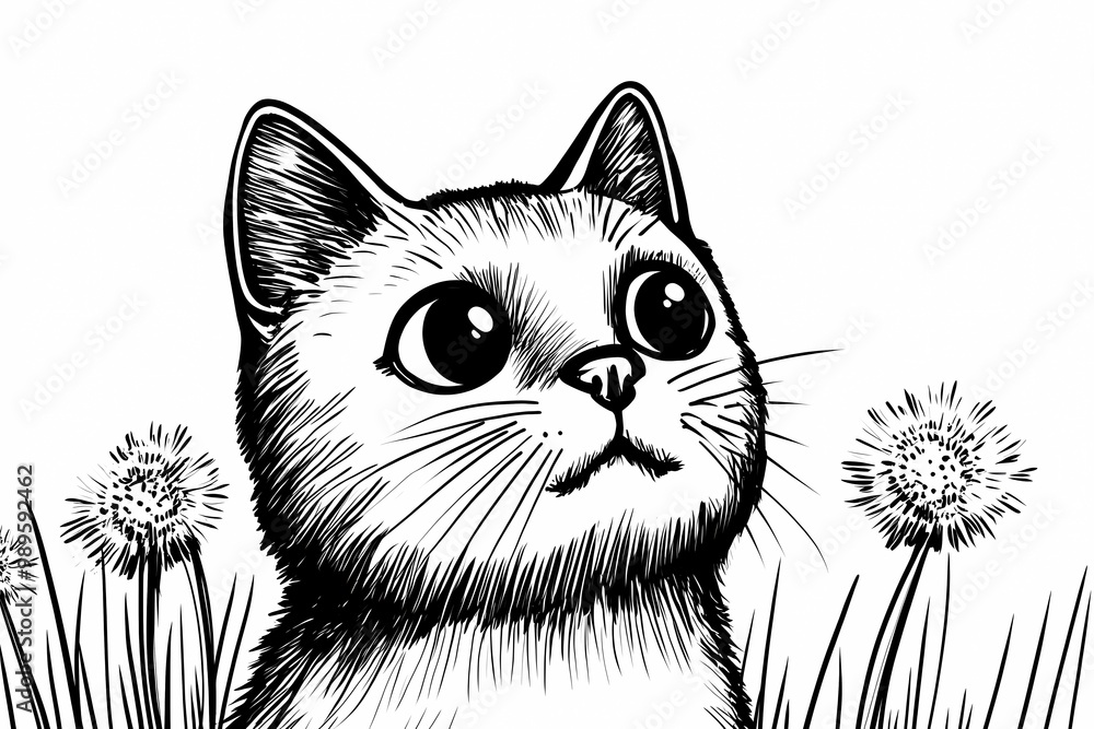 Obraz premium Adorable cat coloring page for children, perfect for creative stock illustrations.