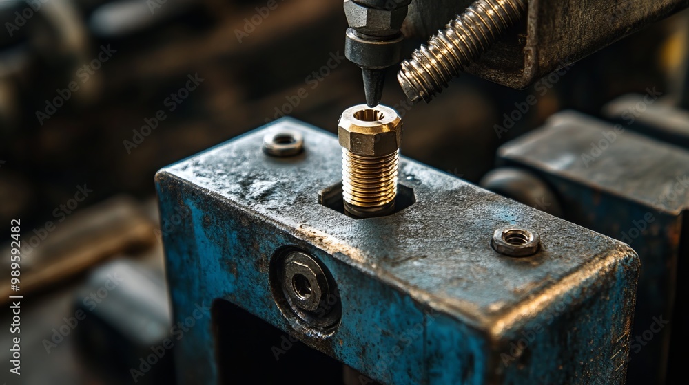 A spanner tightens a brass bolt into a steel block. The spanner, bolt, screw, and nuts are all tools used to assemble or disassemble objects. A spanner tightens a brass bolt into a steel block. The spanner, bolt, screw, and nuts are all tools used to assemble or disassemble objects.