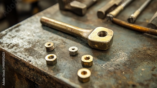 A spanner tightens a brass bolt into a steel block. The spanner, bolt, screw, and nuts are all tools used to assemble or disassemble objects. 