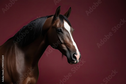 Elegant Horse Portrait on Rich Burgundy Backdrop with Copy Space