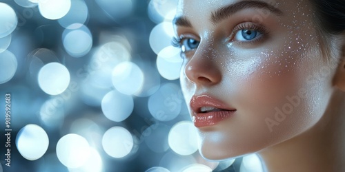 Radiant Glow, individual with luminous complexion highlighting a beauty serum, soft blurred background in gentle hues photo