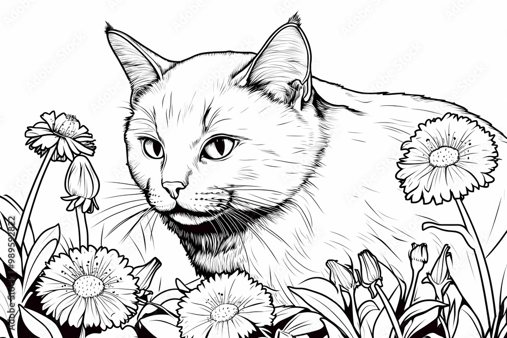 Obraz premium Adorable cat coloring page for children, perfect for creative stock illustrations.