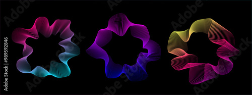 A set of multicolored neon sound waves. Sound lines, radial spectrum, sound equalizers. Colorful equalizer background. Circular geometric wavy frame. Vector radial spectrum.