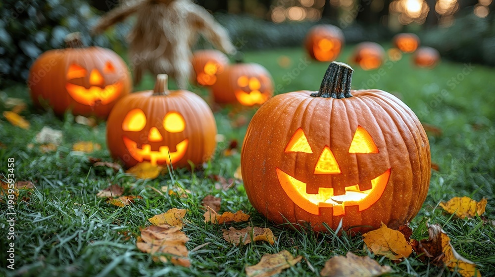 A creepy pumpkin patch at twilight, glowing jack-o'-lanterns with eerie faces, mist creeping between the rows, and a silhouette of a scarecrow coming to life in the background.. A creepy pumpkin patch at twilight, glowing jack-o'-lanterns with eerie faces, mist creeping between the rows, and a silhouette of a scarecrow coming to life in the background..