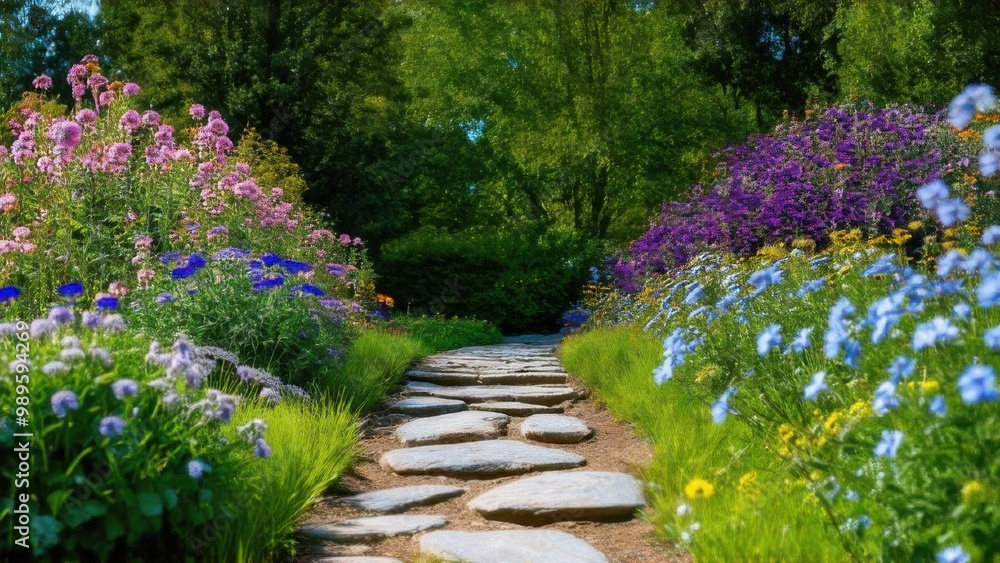 rock path leading through a flower garden rock path leading through a flower garden