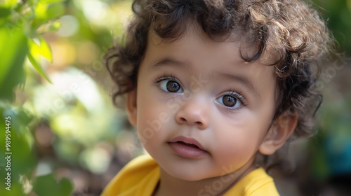 Curly-haired toddler closeup, wide-eyed expression, outdoor nature setting, innocence and curiosity captured concept