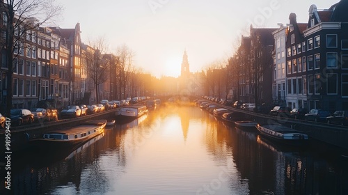 Amsterdam Canal Sunset with Historic Buildings - Golden Hour Photography.