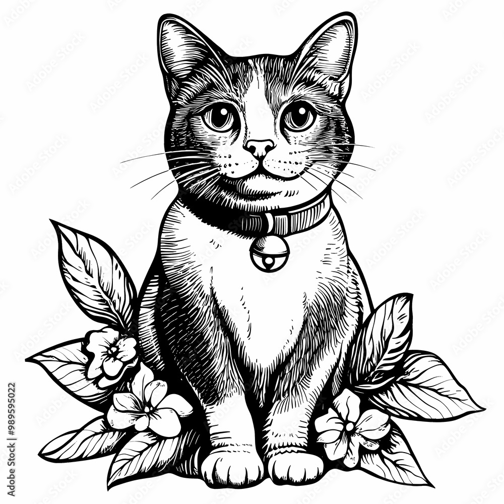 Obraz premium Adorable cat coloring page for children, perfect for creative stock illustrations.