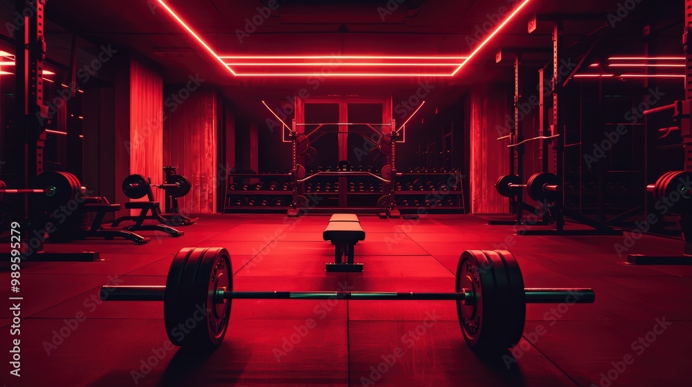 Fototapeta premium Modern gym interior with weights and racks captured under bold red lighting