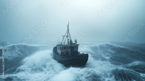 A tugboat navigating through turbulent ocean waters during a storm at dawn showcasing nature's raw power