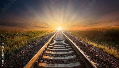 A single set of train tracks leading into a foggy sunrise. photo