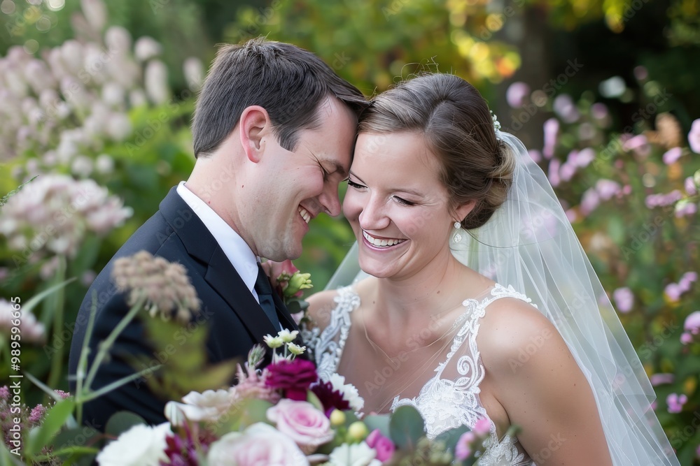 A bride and groom are smiling and kissing each other's cheeks, generative ai A bride and groom are smiling and kissing each other's cheeks, generative ai