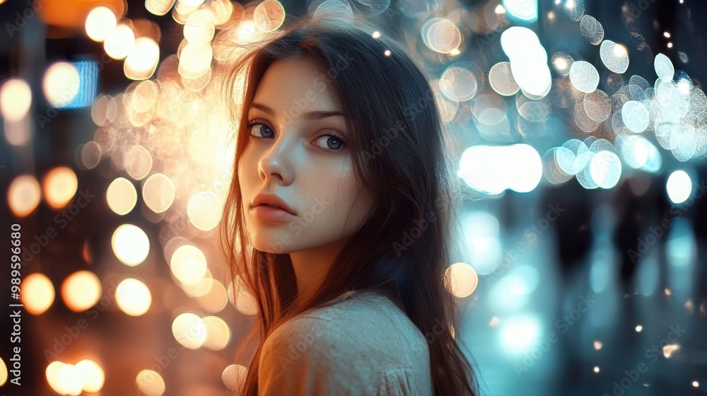 Young woman with long hair gazes thoughtfully at the camera amidst a backdrop of colorful lights at night in an urban setting Young woman with long hair gazes thoughtfully at the camera amidst a backdrop of colorful lights at night in an urban setting