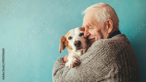 An elderly man tenderly hugs his dog on a light blue background, illustrating the deep bond, love and trust between a pet and its owner