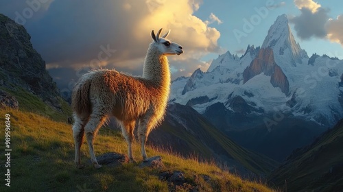 Llama standing still on a grassy slope, white and brown fur glowing under the fading sun, with soft-focus snowy peaks in the background.