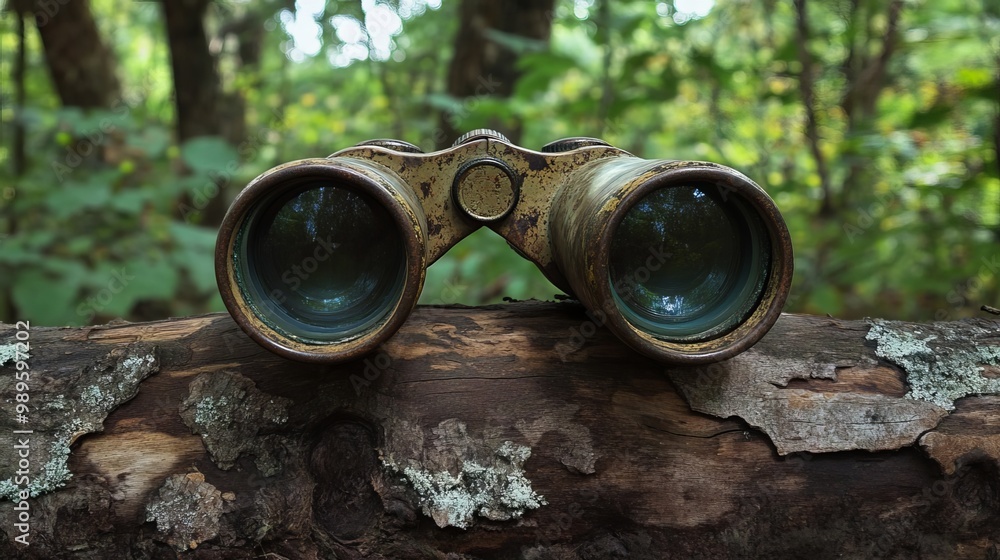 Antique binoculars perched on a rustic log, their polished lenses capturing the verdant tapestry of towering trees. The surrounding woodland invites exploration and invites keen observation Antique binoculars perched on a rustic log, their polished lenses capturing the verdant tapestry of towering trees. The surrounding woodland invites exploration and invites keen observation
