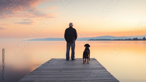 A lonely elderly man standing with his back to the pier with his dog and admiring the quiet sunset over the water symbolizes reflections and the beauty of nature photo