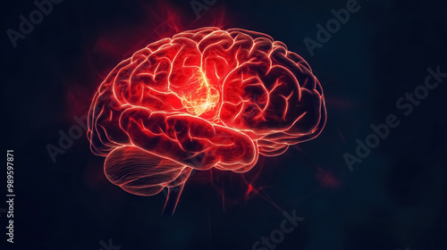 A brain projection with one section illuminated in red light, concept of neurosurgery 
