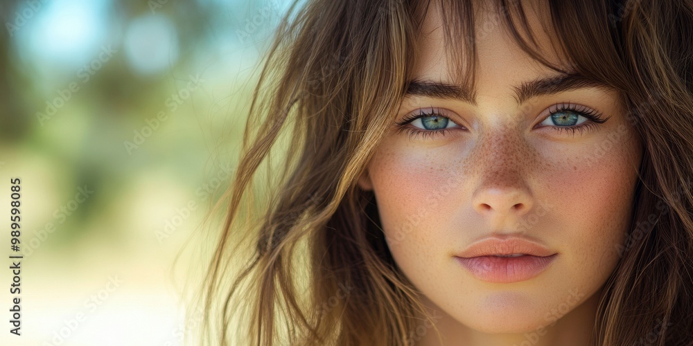 Outdoor portrait with subtle makeup, soft background blending with nature, capturing a serene and authentic expression. Outdoor portrait with subtle makeup, soft background blending with nature, capturing a serene and authentic expression.
