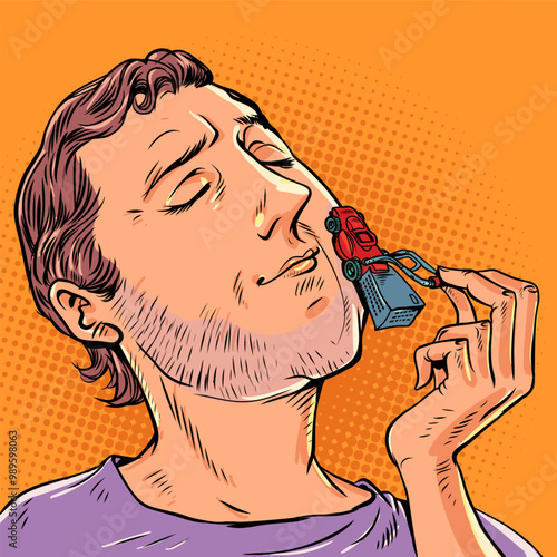 Man shaving with a lawn mower. Incorrect methods of facial skin care. Quality and capabilities of a new lawn mower.