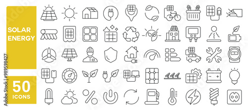 Set of 50 line icons related to solar energy, sun, power, renewable, photovoltaic, energy, cells, house, battery, ecology, panel, reusing, source, electricity, Editable stroke. Vector illustration