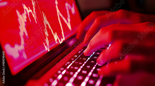 Close-up of hands typing on laptop with stock market graph on screen. photo