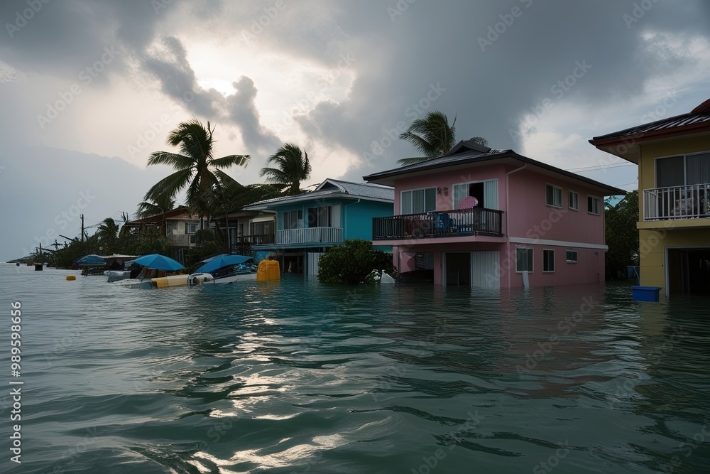 Fototapeta premium Devastating Typhoon Floods Beach Town Homes and Reveals Severe Weather Aftermath