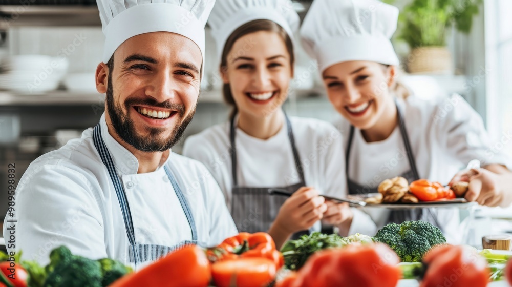 Chefs preparing fresh ingredients and smiling in a bright kitchen during the daytime Chefs preparing fresh ingredients and smiling in a bright kitchen during the daytime