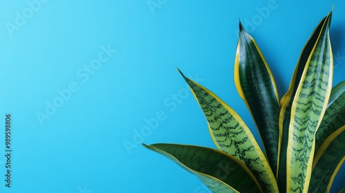 Create a banner with a blank area for your text featuring a stylish snake plant (Sansevieria trifasciata) on a blue backdrop. Trendy summer houseplants and the idea of an urban jungle. 