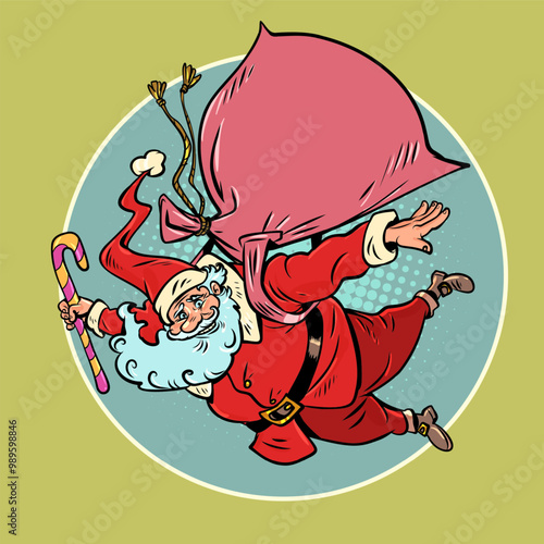 Santa Claus falls down with a bag and a lollipop. Delivery of gifts all over the world. The coming New Year and its symbol.