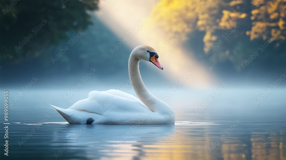 Fototapeta premium Critically endangered Philippine swan gliding on misty lake at sunrise, rare waterfowl species 