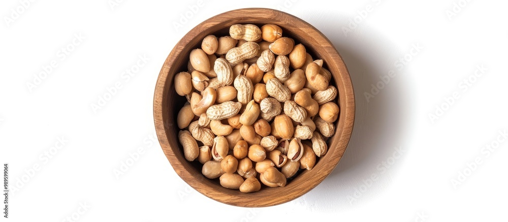 Salted Peanut In Wooden Bowl Isolated On White Background Top View Salted Peanut In Wooden Bowl Isolated On White Background Top View