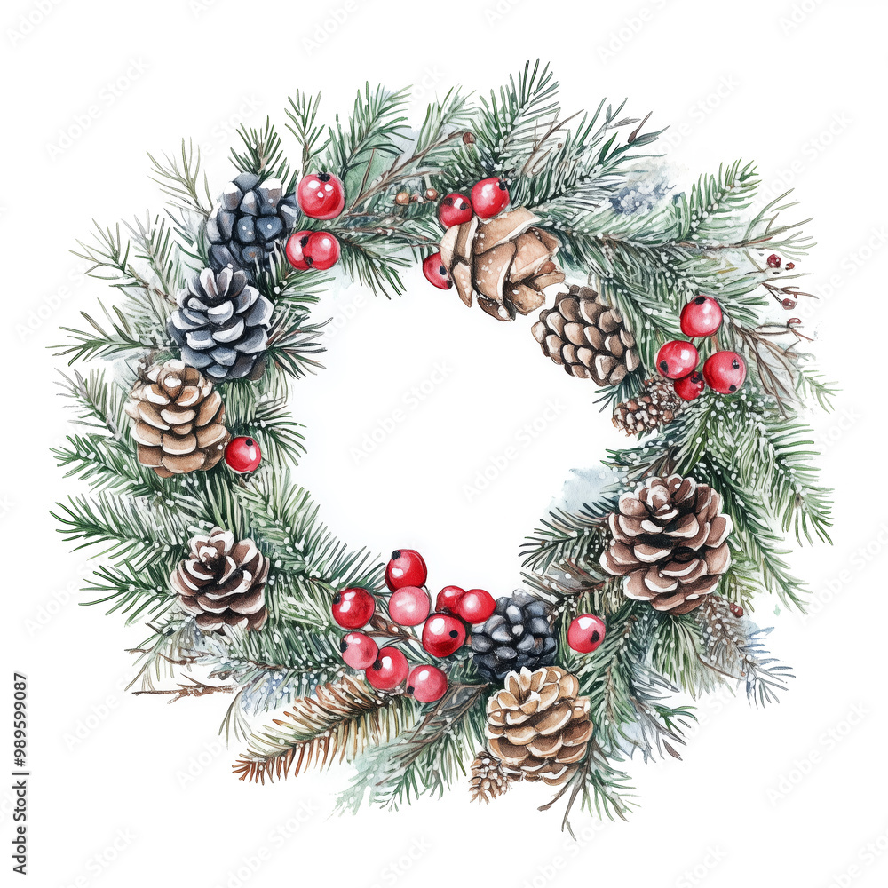 Fototapeta premium Christmas watercolor wreath, Christmas Holly berry, fir branches, cones, rowan, viburnum on a white background