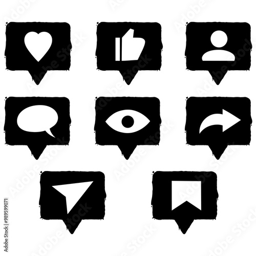 Set of black grunge Social media button, Message, like, send, save icon . Follow, heart, comment, share app interface