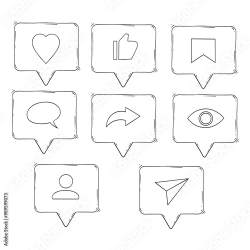 Set of black outline and transparency Social media button, Message, like, send, save icon . Follow, heart, comment, share app interface