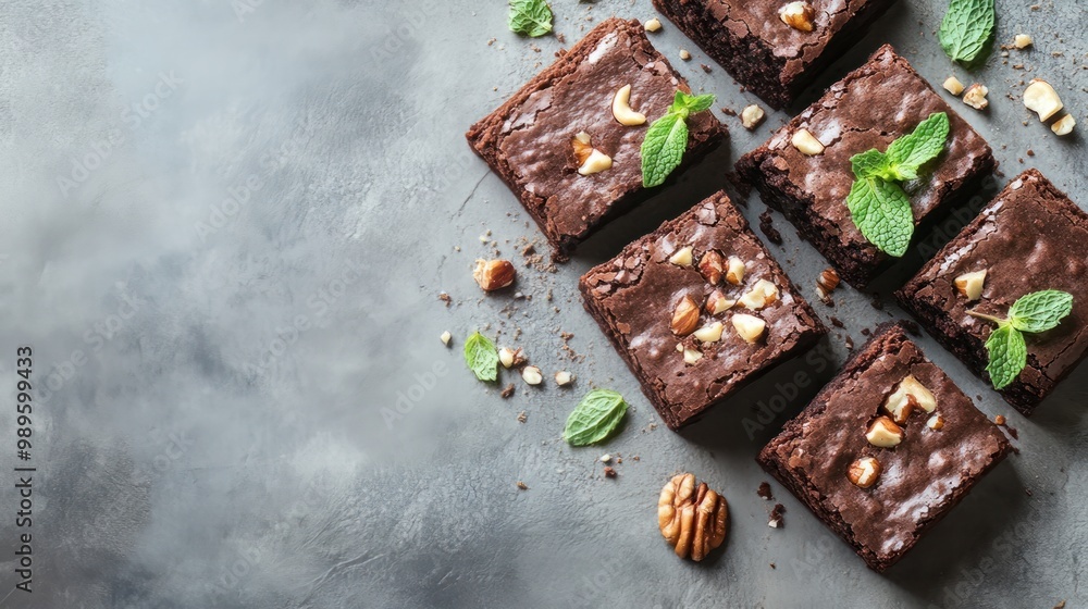 Parts of a baked chocolate brownie, top view copyspace, with almonds and mint leaves on a gray backdrop Parts of a baked chocolate brownie, top view copyspace, with almonds and mint leaves on a gray backdrop