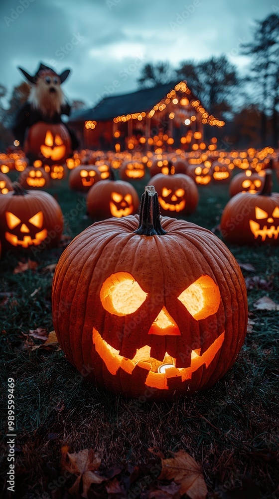 A creepy pumpkin patch at twilight, glowing jack-o'-lanterns with eerie faces, mist creeping between the rows, and a silhouette of a scarecrow coming to life in the background. A creepy pumpkin patch at twilight, glowing jack-o'-lanterns with eerie faces, mist creeping between the rows, and a silhouette of a scarecrow coming to life in the background.