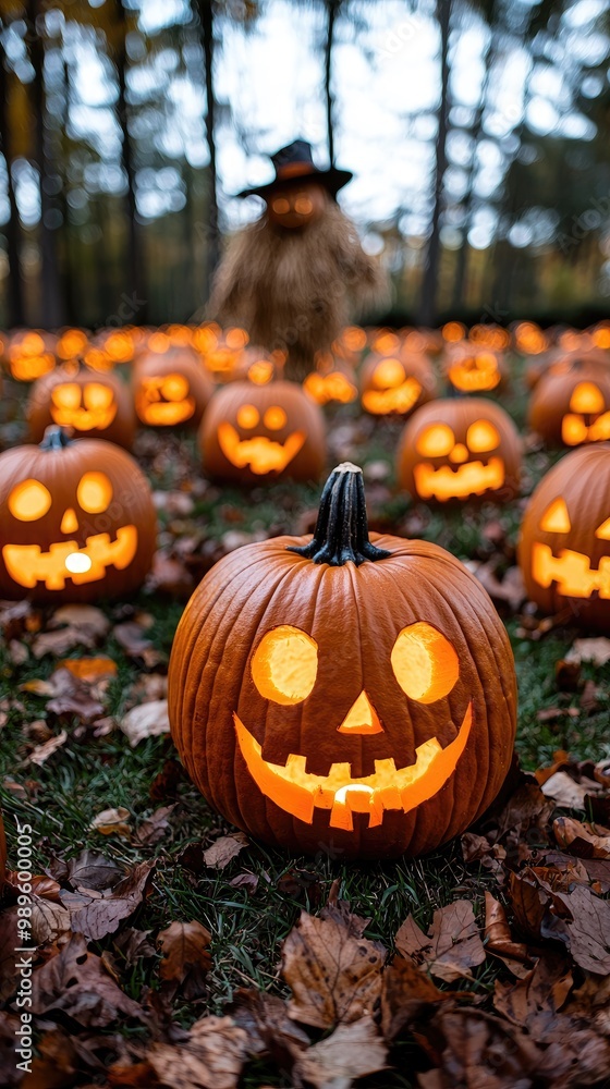 A creepy pumpkin patch at twilight, glowing jack-o'-lanterns with eerie faces, mist creeping between the rows, and a silhouette of a scarecrow coming to life in the background. A creepy pumpkin patch at twilight, glowing jack-o'-lanterns with eerie faces, mist creeping between the rows, and a silhouette of a scarecrow coming to life in the background.