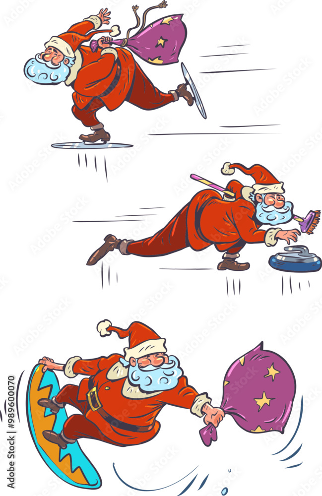 Obraz premium Santa Claus set and winter sports. Outdoor activities for friends on New Year's Eve. Red mascot on the eve of the holiday.